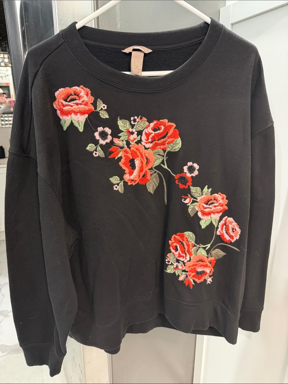 H&M Black Sweatshirt with Red Floral Embroidery